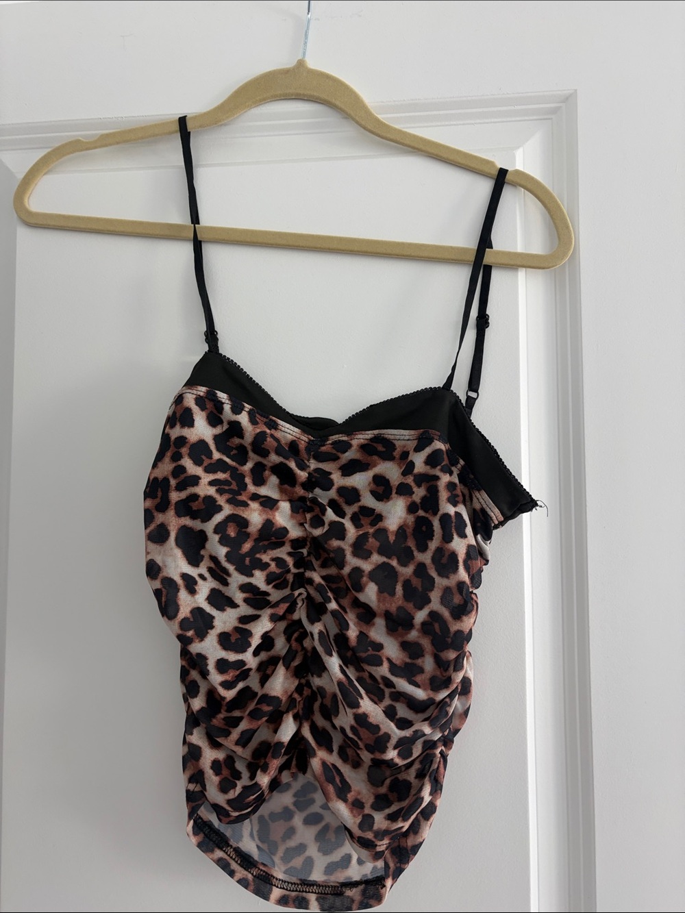 Leopard Print Ruched Cami Top - Black Trim